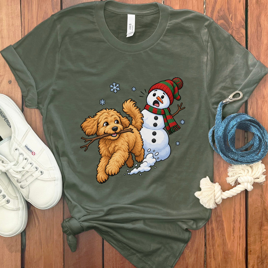 Apricot Goldendoodle Snowman T-Shirt in Military Green / S by Puppy Jo