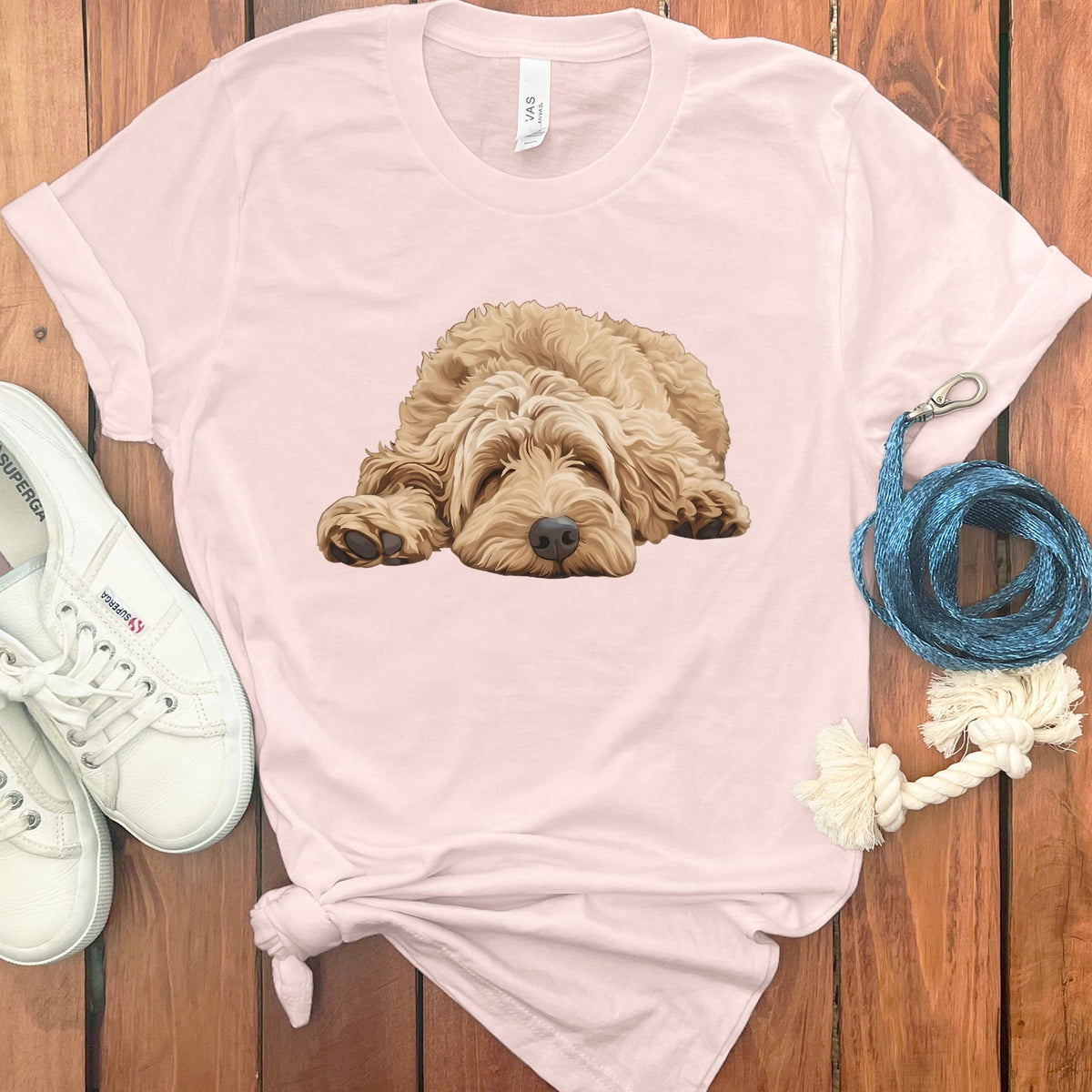 Golden Goldendoodle Snoozing T-Shirt in Soft Pink / S by Puppy Jo