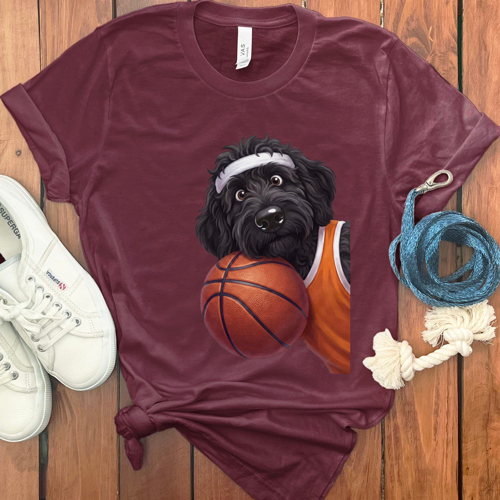 Black Goldendoodle Basketball Player T-Shirt in Maroon / S by Puppy Jo