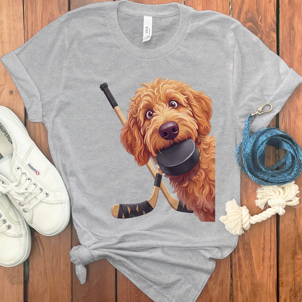 Apricot Goldendoodle Hockey T-Shirt in Athletic Heather / S by Puppy Jo