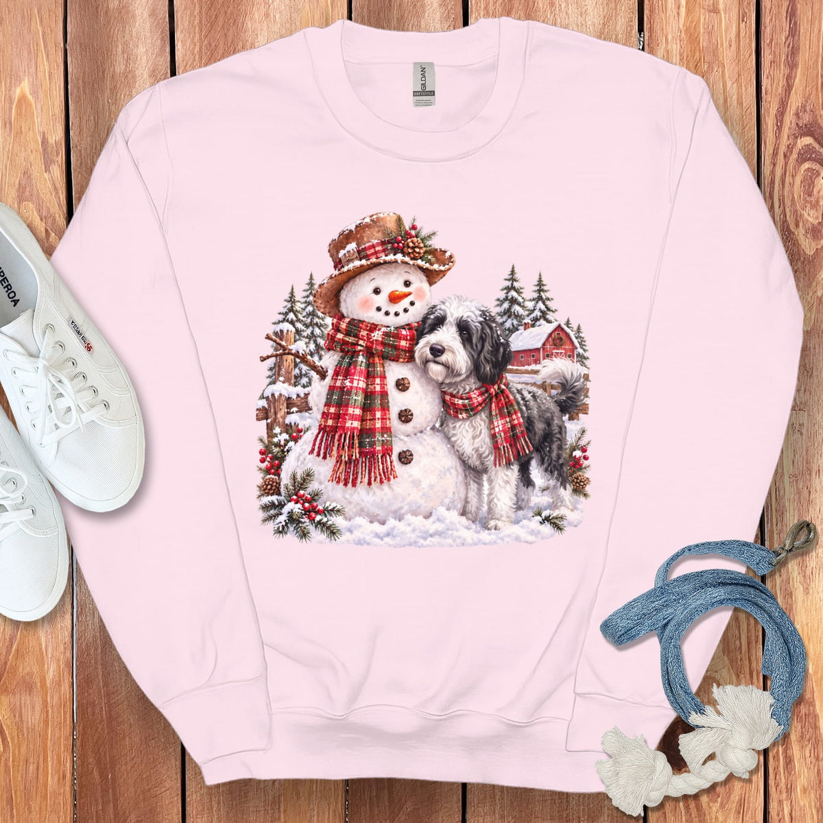 Sheepadoodle Christmas Snowman Sweatshirt in Light Pink / S by Puppy Jo