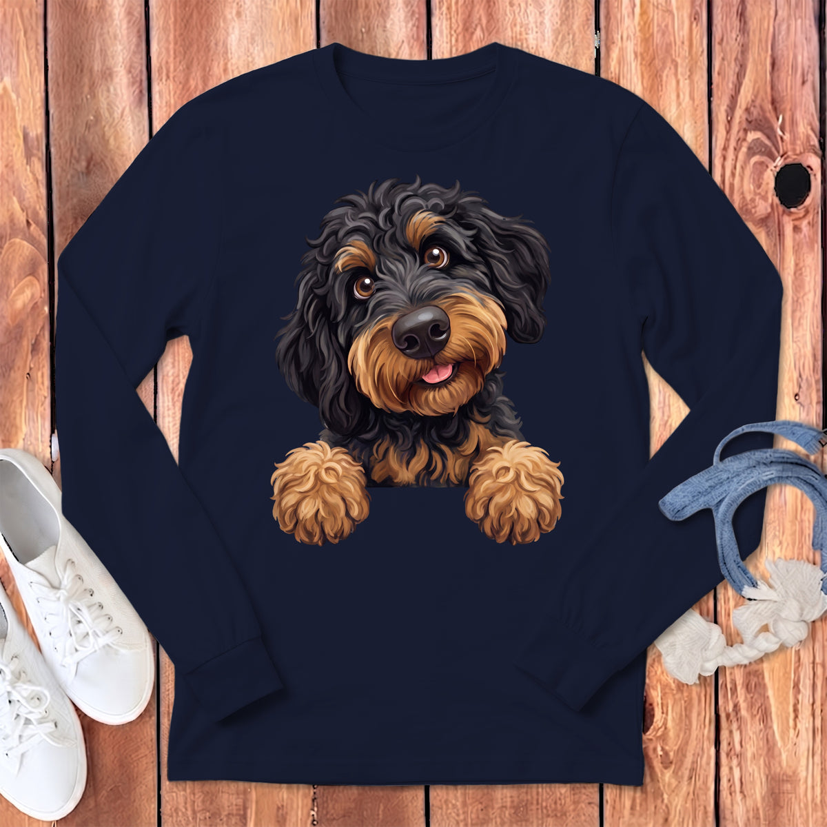 Dark navy long sleeve shirt featuring a playful black and tan doodle dog illustration.