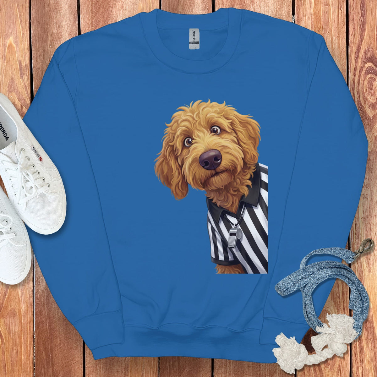 Apricot Goldendoodle Football Referee Sweatshirt in Royal / S by Puppy Jo