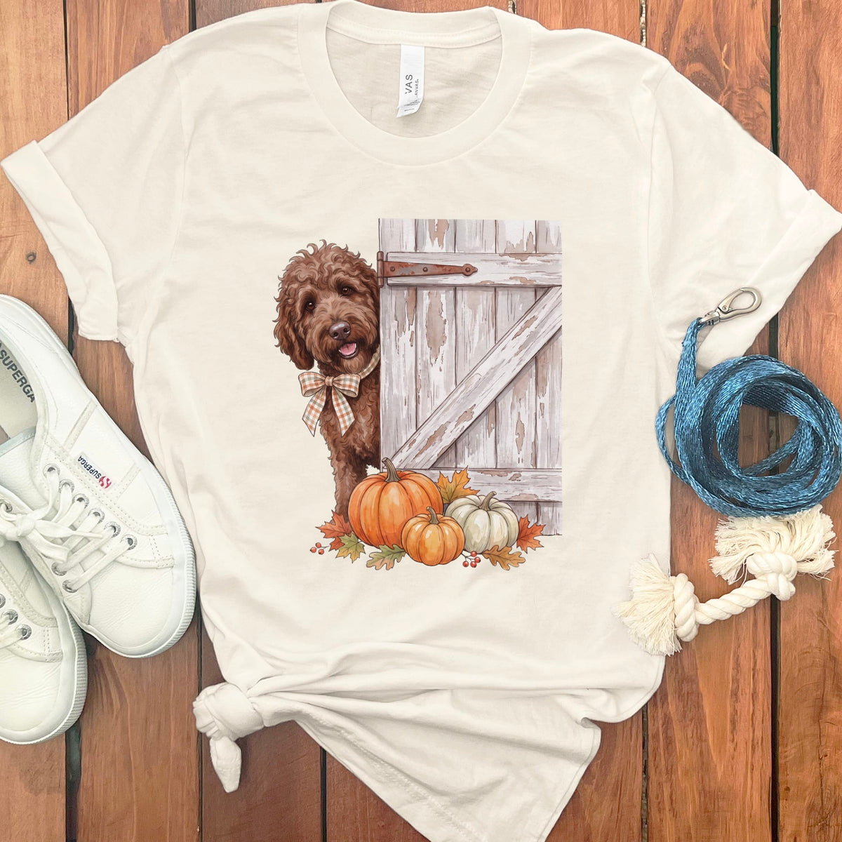 Chocolate Goldendoodle Barn Peeking T-Shirt in Natural / S by Puppy Jo