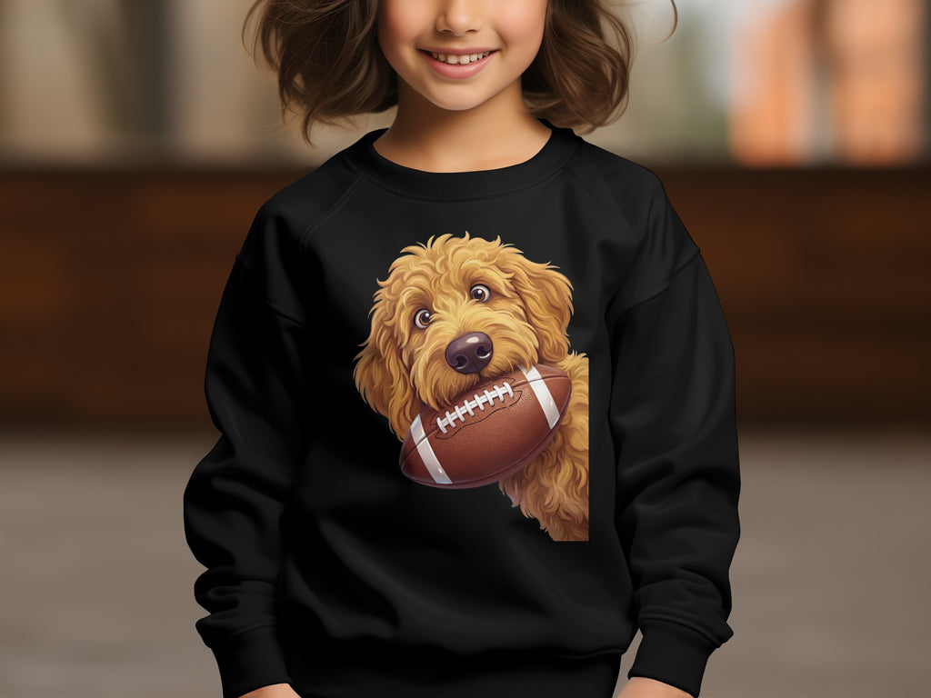 Black sweatshirt with cartoon doodle dog holding a football graphic.