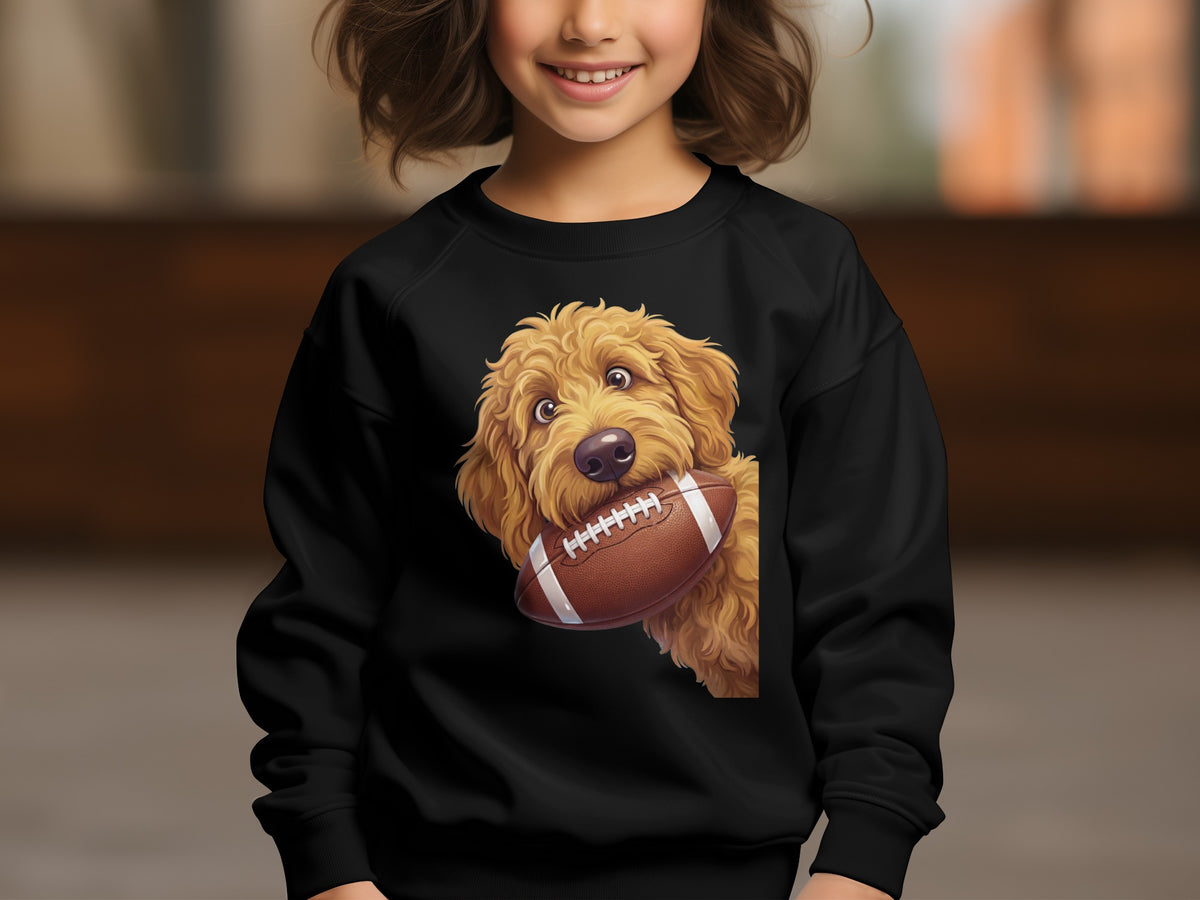 Black sweatshirt with cartoon doodle dog holding a football graphic.
