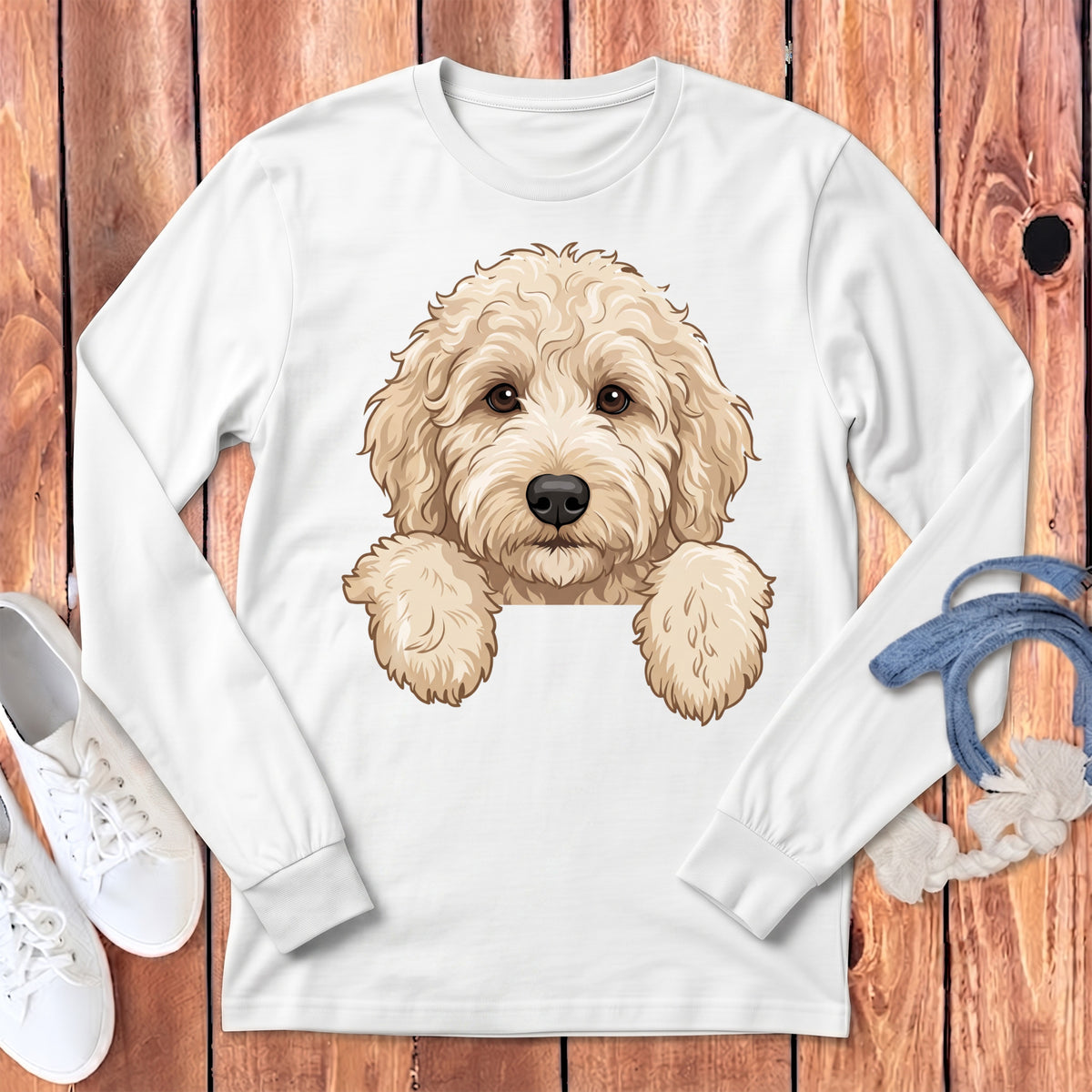 White long-sleeve shirt with a light brown doodle dog graphic on the chest.