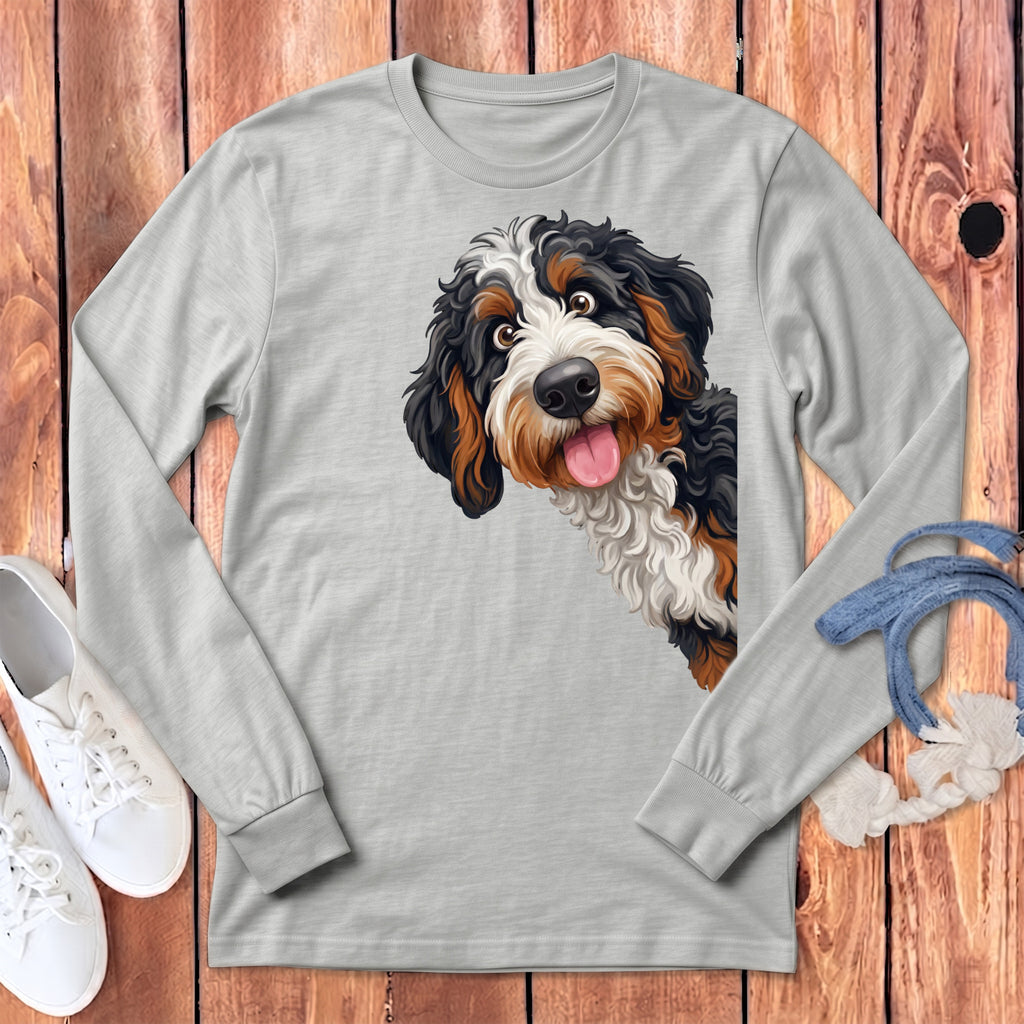Bernese Mountain Dog illustration on a light grey long-sleeve t-shirt.