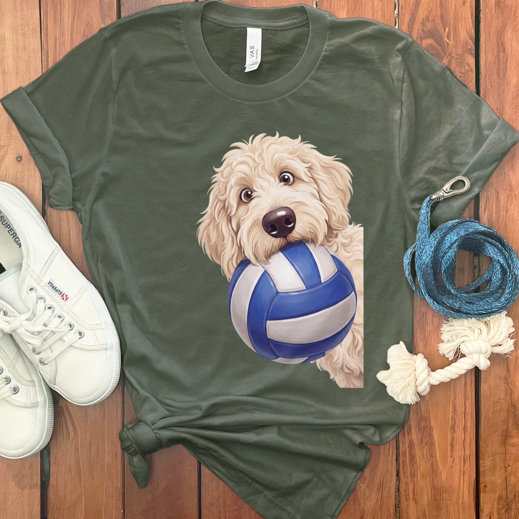 Cream Goldendoodle Volleyball T-Shirt in Military Green / S by Puppy Jo