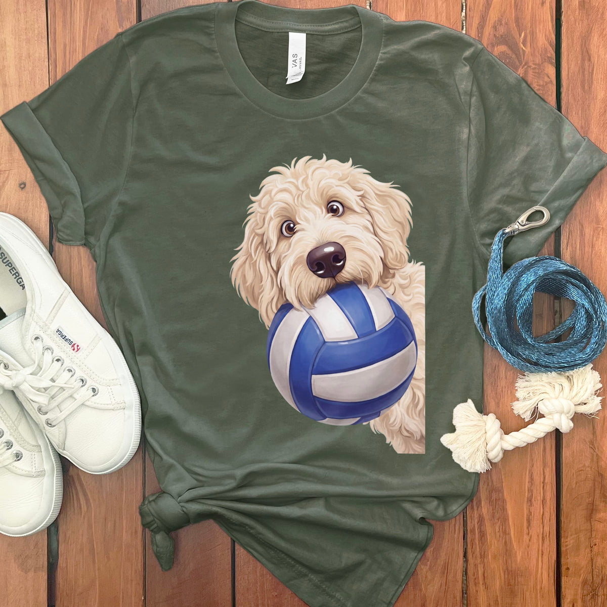 Cream Goldendoodle Volleyball T-Shirt in Military Green / S by Puppy Jo