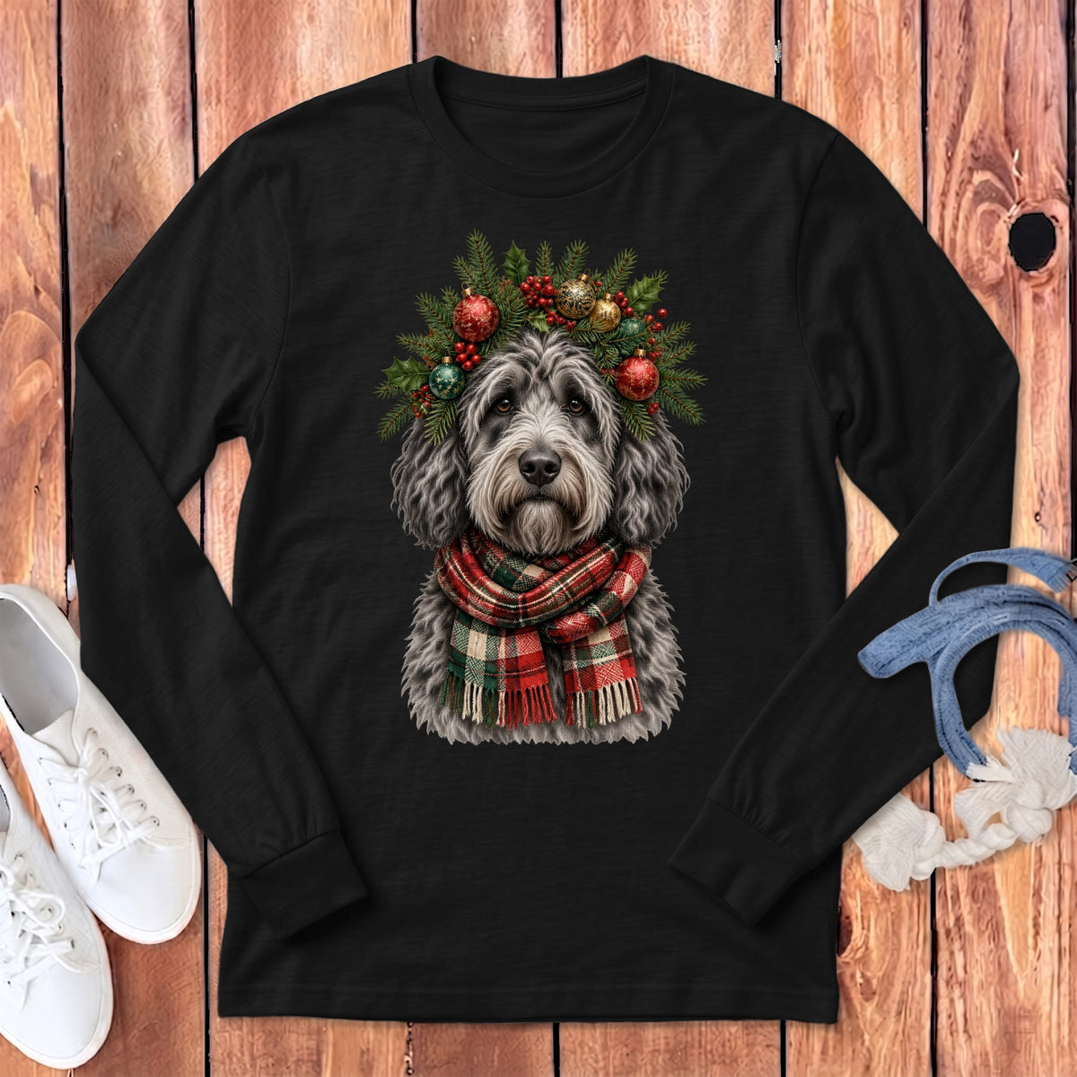 Merle Goldendoodle Holiday Crown Long Sleeve T-Shirt in Dark Grey Heather / S by MyDesigns