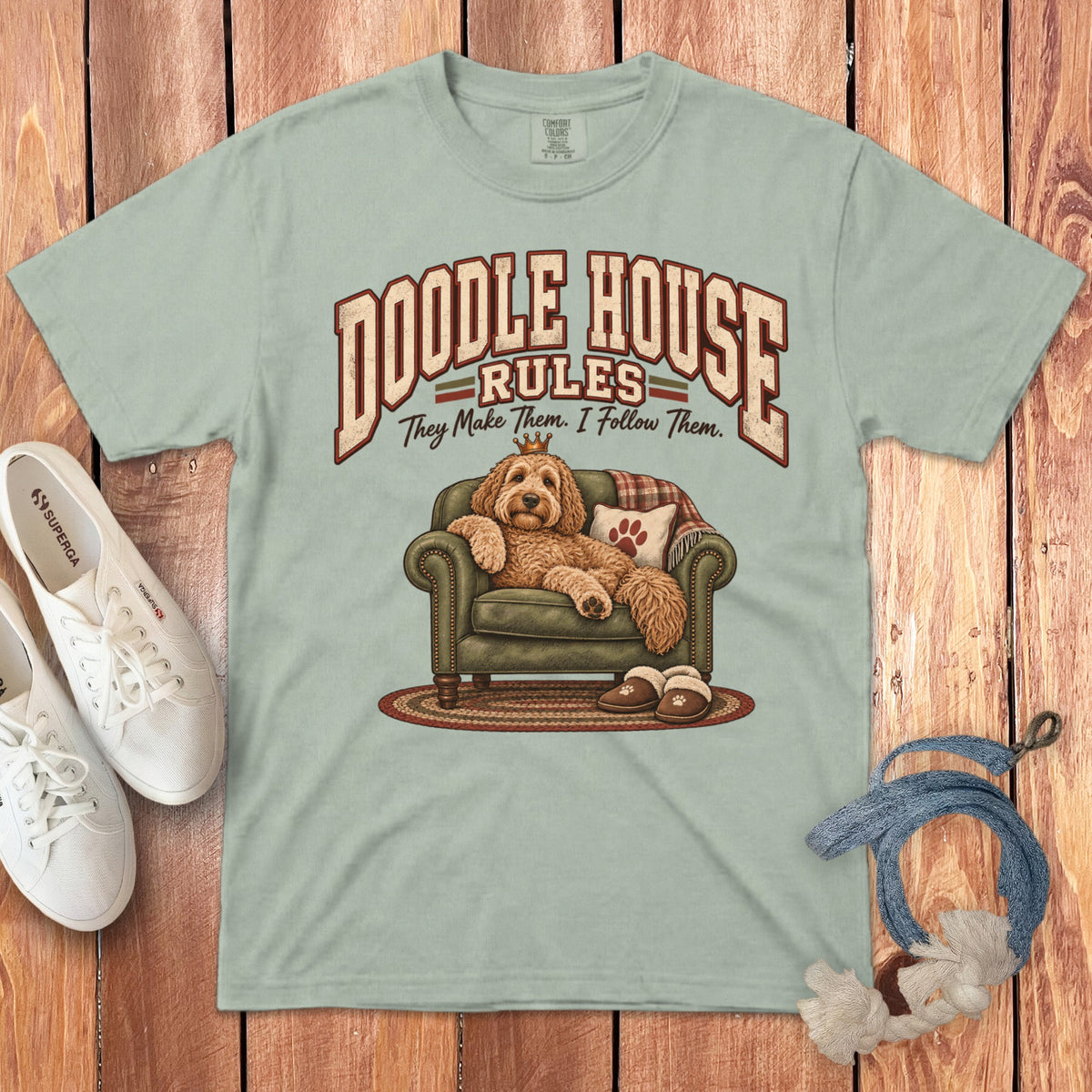 Light green t-shirt with "Doodle House Rules They Make Them. I Follow Them." text and dog illustration.