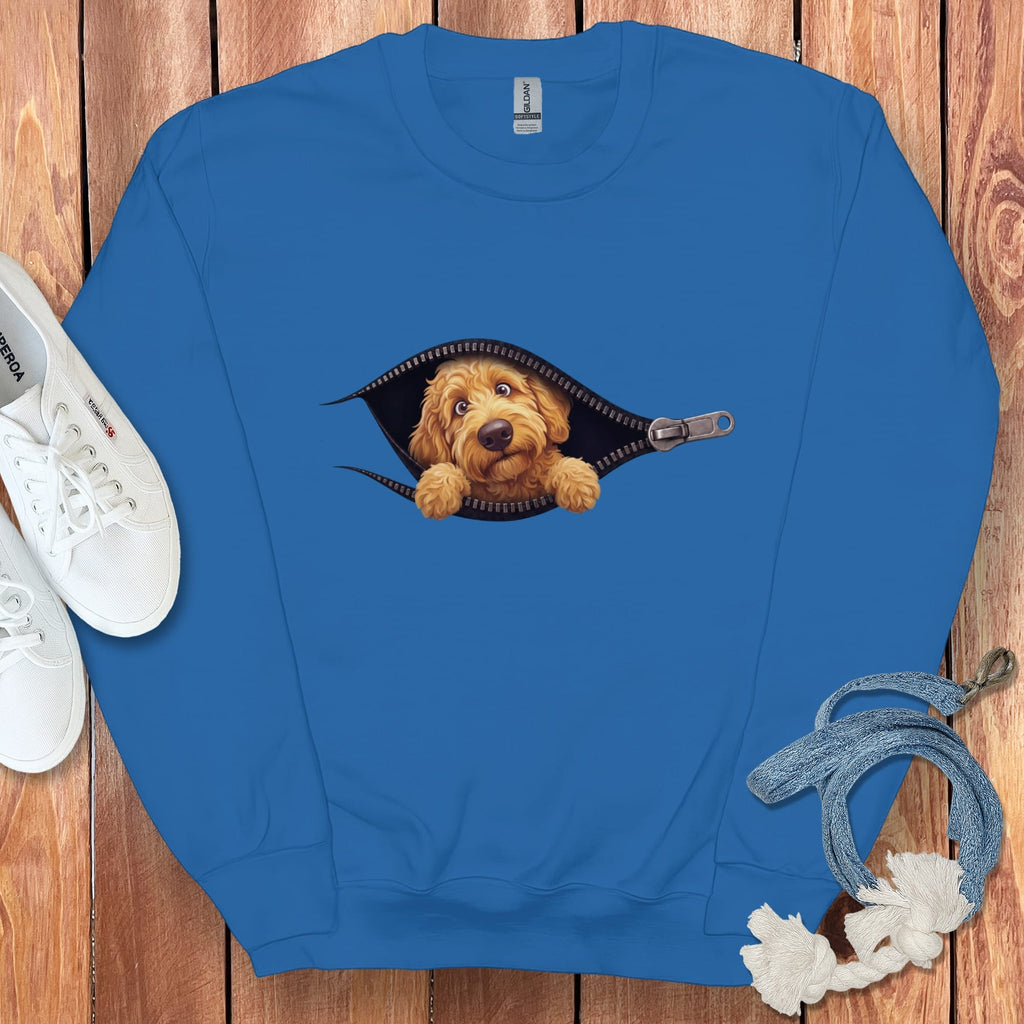 Golden Goldendoodle Peeking Zipper Sweatshirt in Royal / S by Puppy Jo