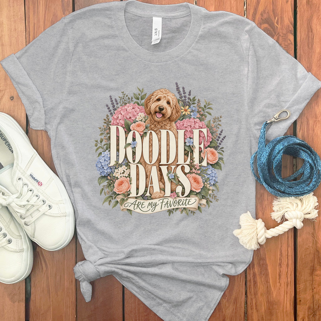Gray t-shirt with doodle dog, flowers, and text "DOODLE DAYS ARE my FAVORITE".