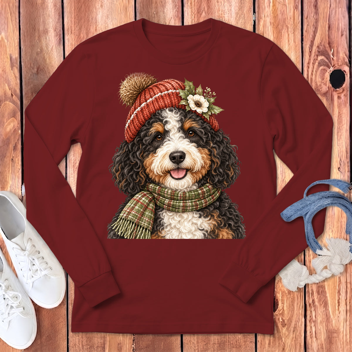 Bernese mountain dog wearing a knit hat and plaid scarf, printed on a maroon long-sleeved shirt.
