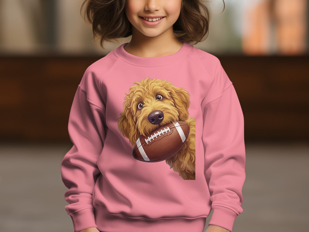 Pink sweatshirt with a cartoon dog holding a football.