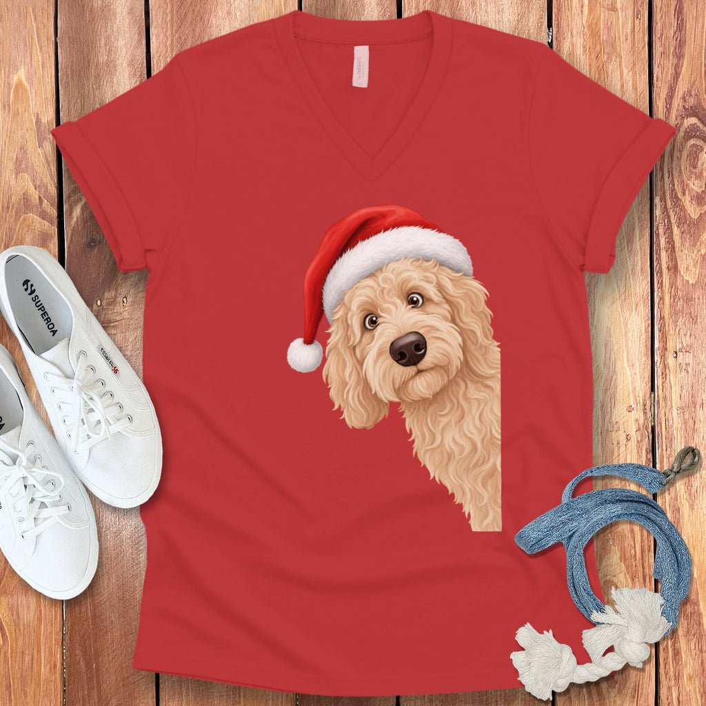 Cream Goldendoodle Holiday Santa V-Neck T-Shirt in Red / S by Puppy Jo