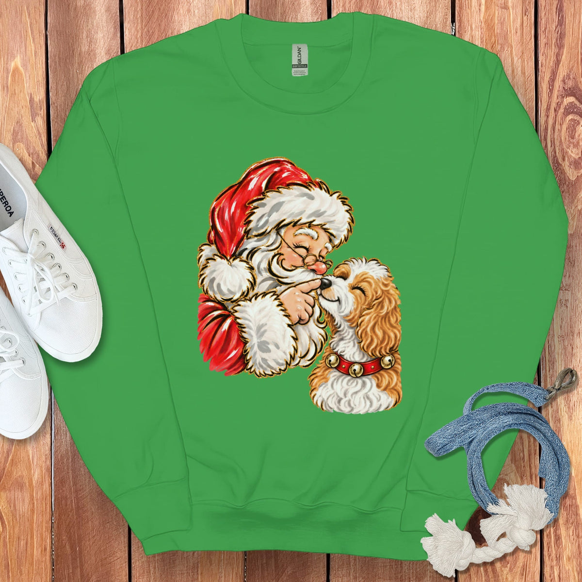 Parti Goldendoodle Santa Kiss Sweatshirt in Irish Green / S by Puppy Jo