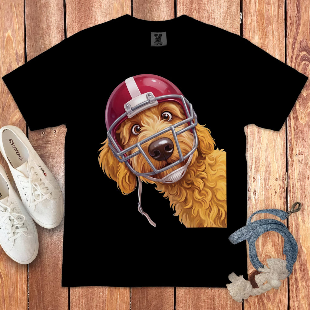Golden Goldendoodle Football Helmet Signature T-Shirt in Black / S by Puppy Jo
