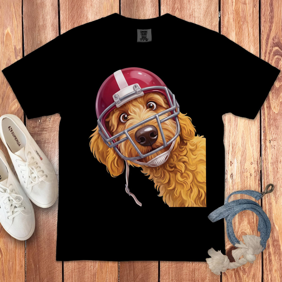 Golden Goldendoodle Football Helmet Signature T-Shirt in Black / S by Puppy Jo