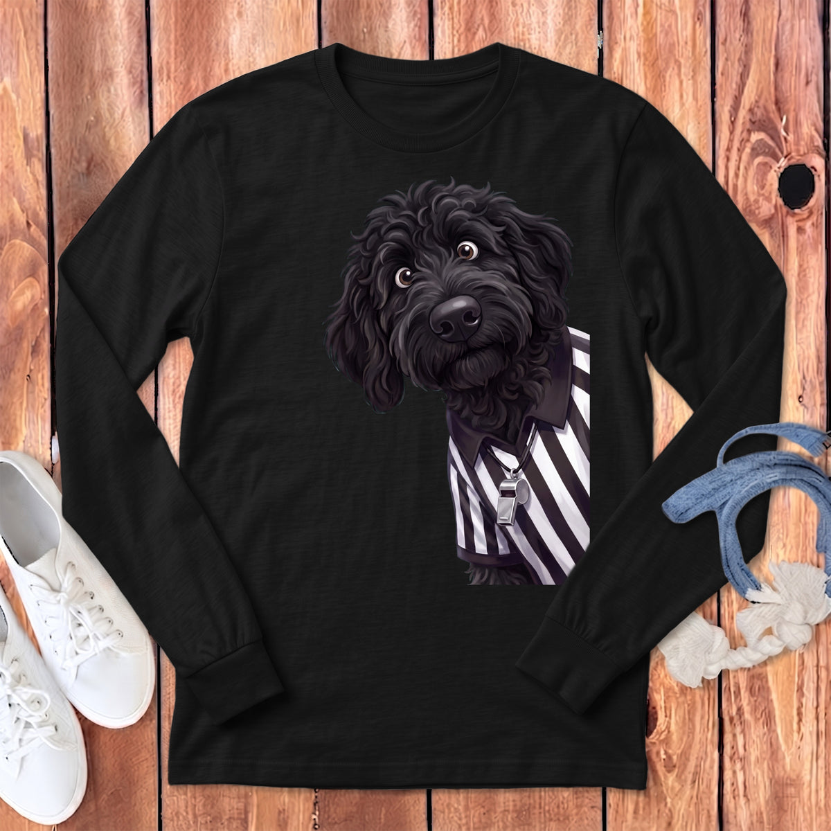Black long-sleeve shirt with a cartoon black dog wearing a referee uniform.