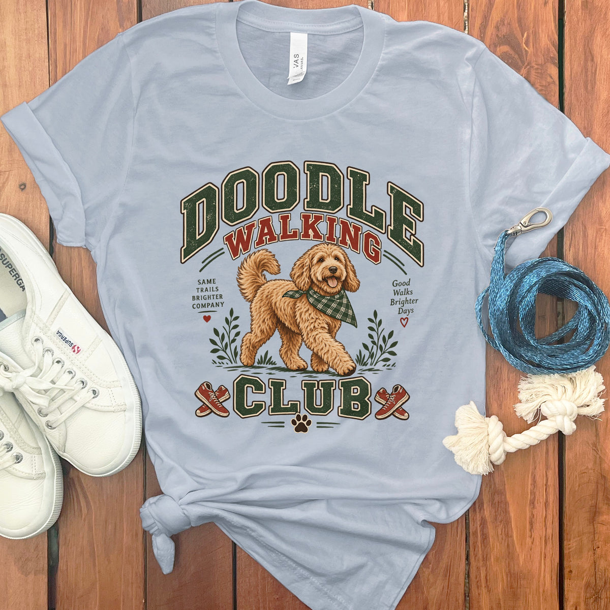 Light blue t-shirt with "Doodle Walking Club" and a dog graphic.