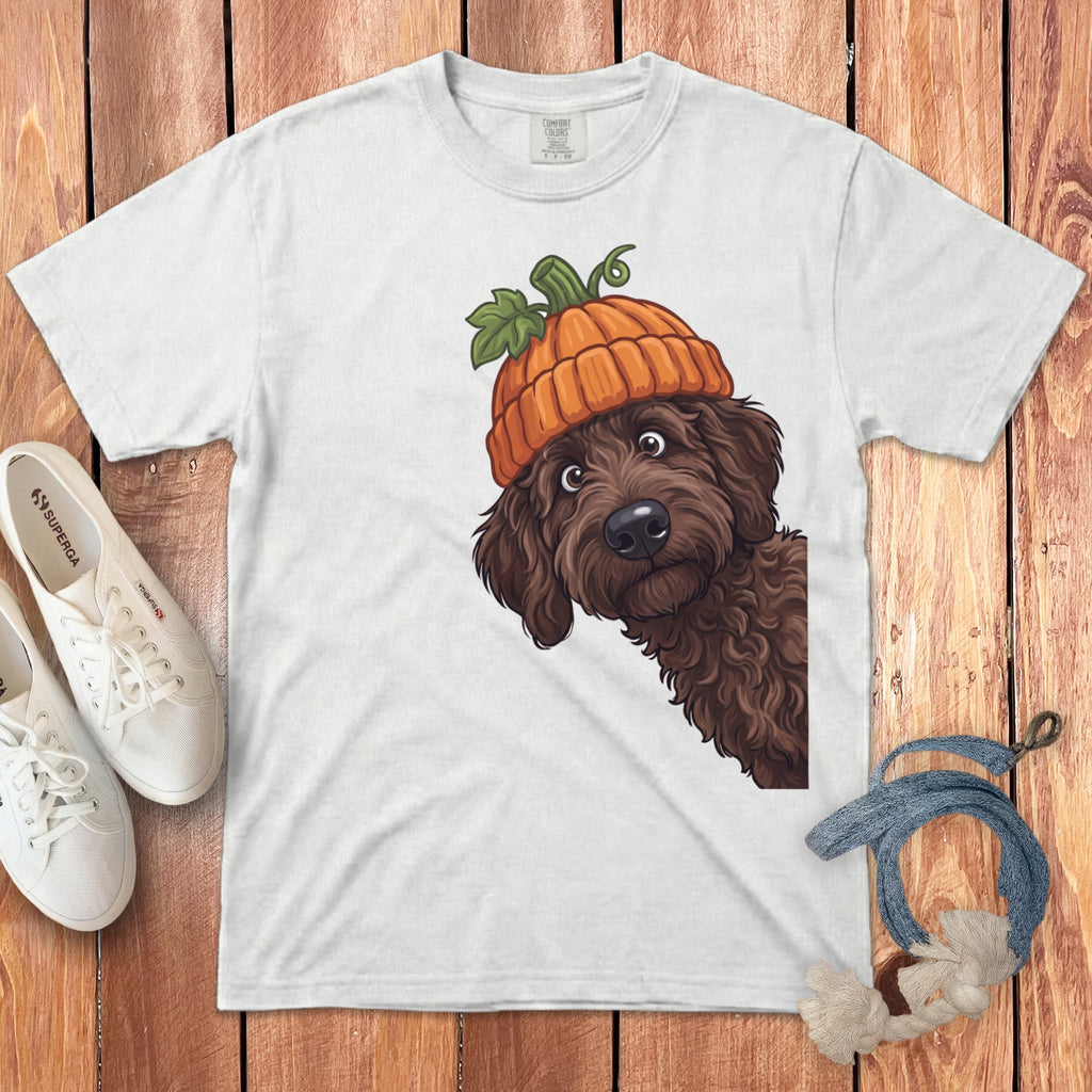 Brown doodle with pumpkin hat peeking from the side on a white t-shirt.