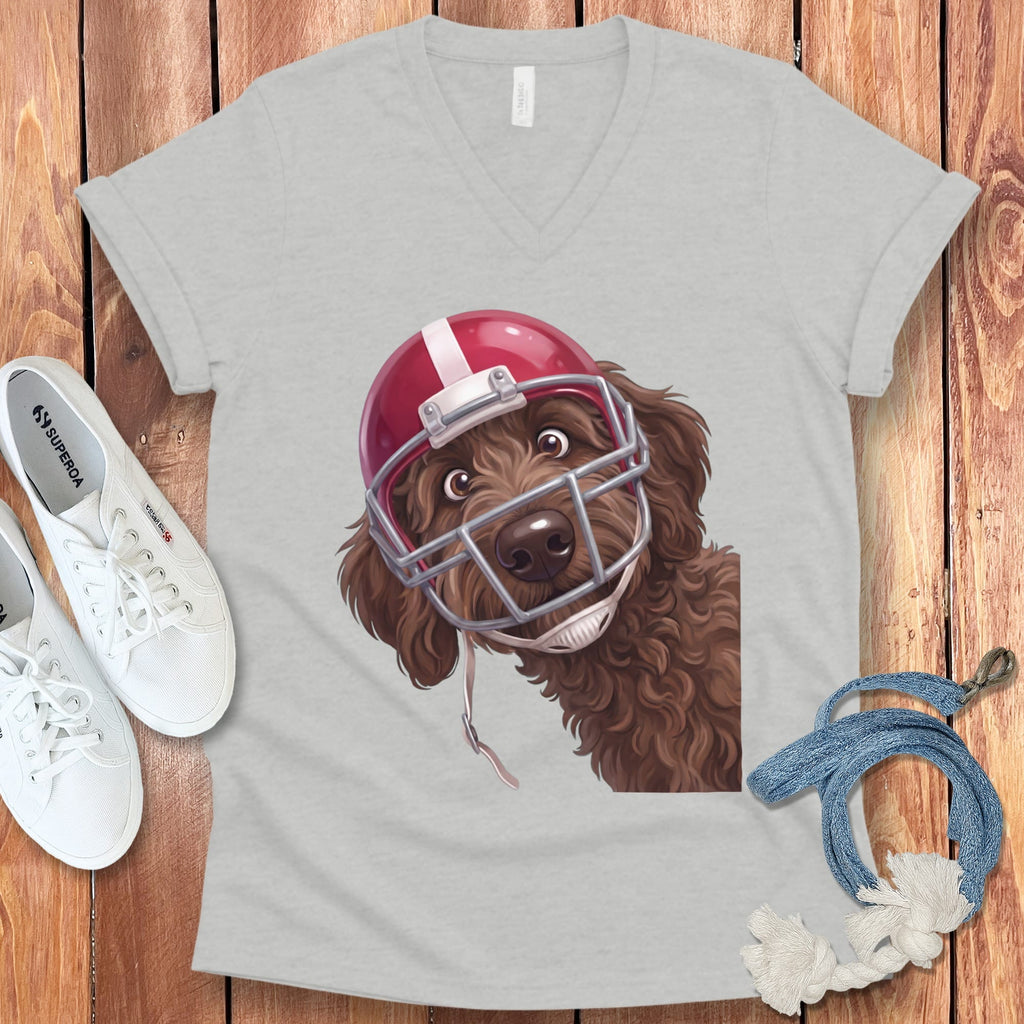 Chocolate Goldendoodle Football Helmet V-Neck T-Shirt in Athletic Heather / S by Puppy Jo