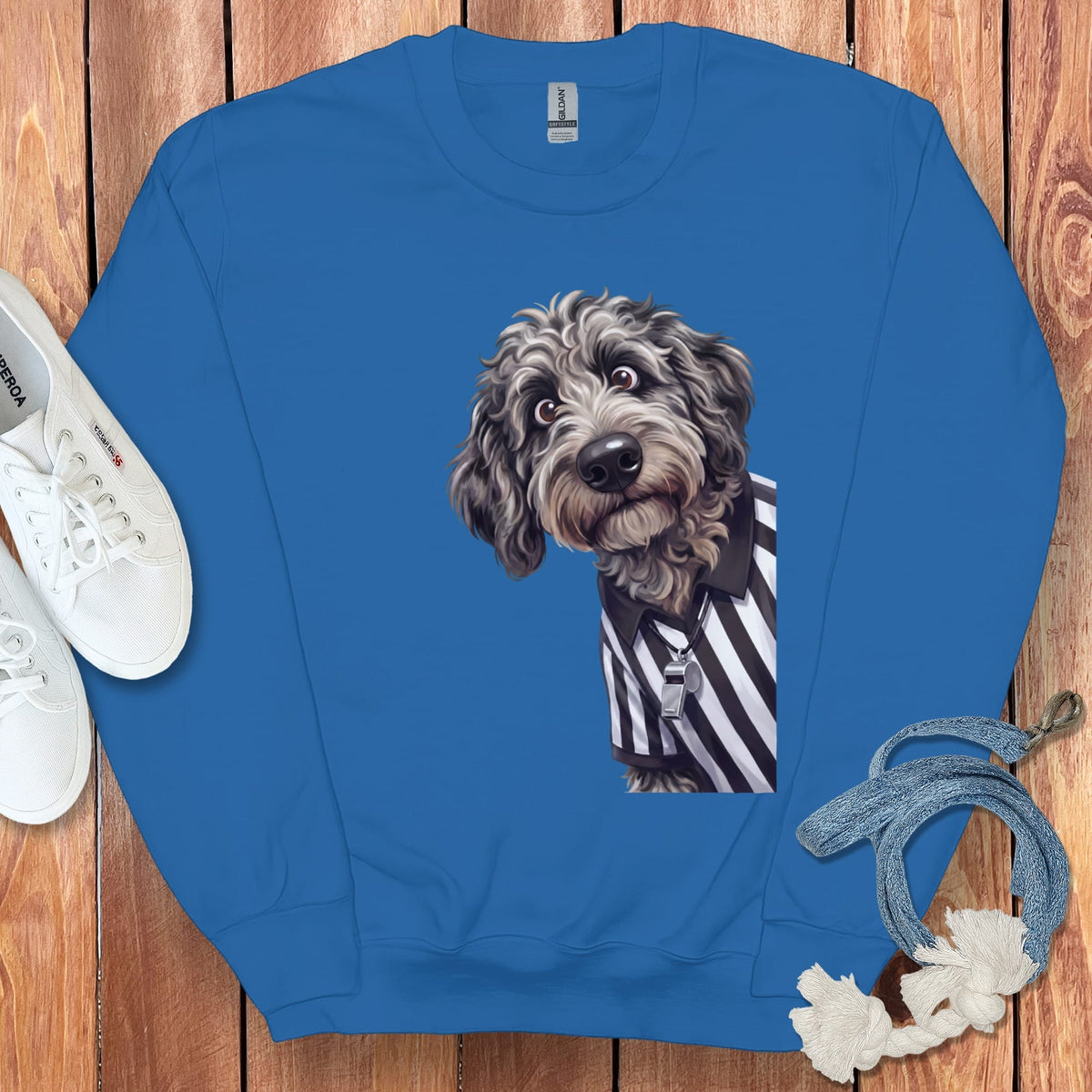 Merle Goldendoodle Football Referee Sweatshirt in Royal / S by Puppy Jo