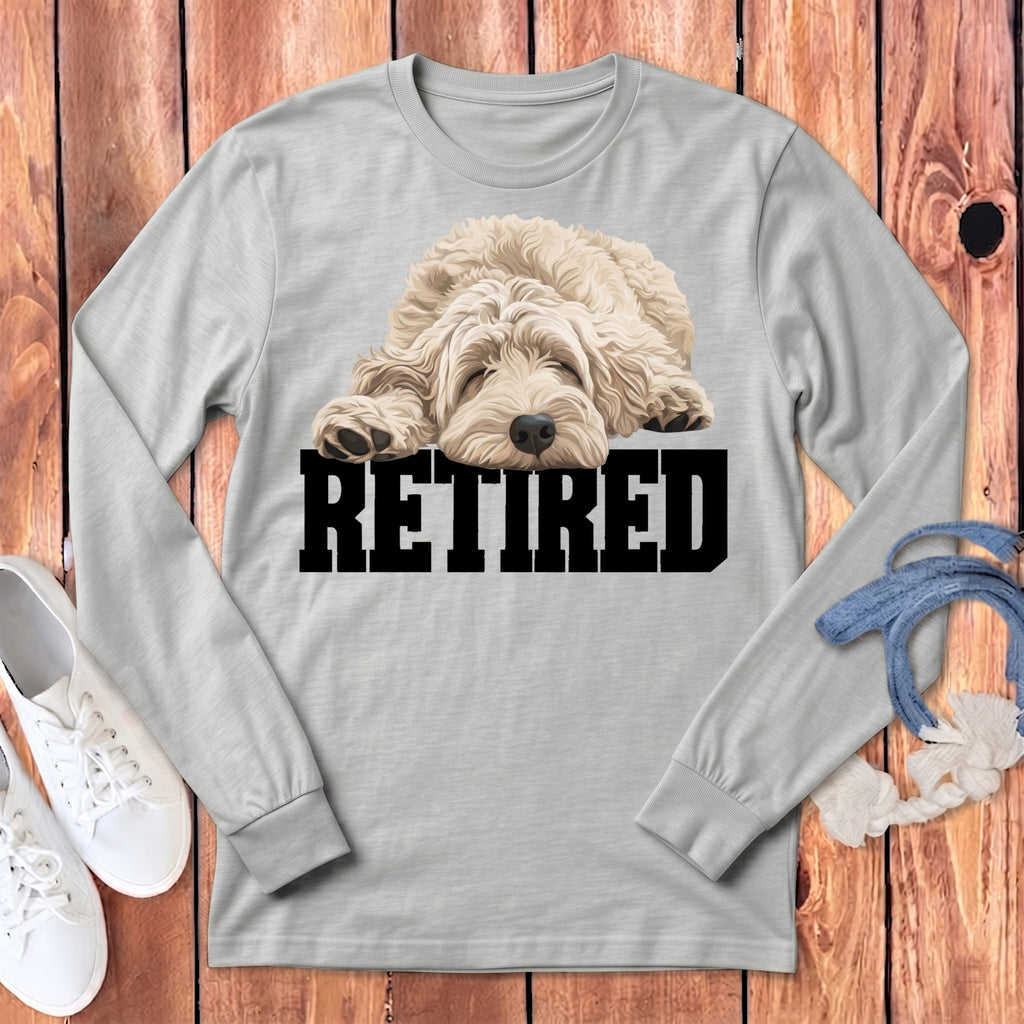 Retired Sleeping Cream Goldendoodle Long Sleeve T-Shirt in Athletic Heather / S by Puppy Jo