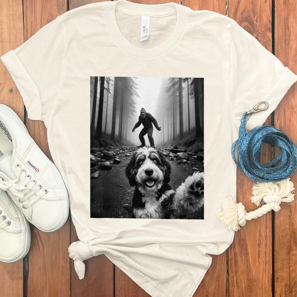 Funny Dog and Hiker in Forest Silhouette T-Shirt