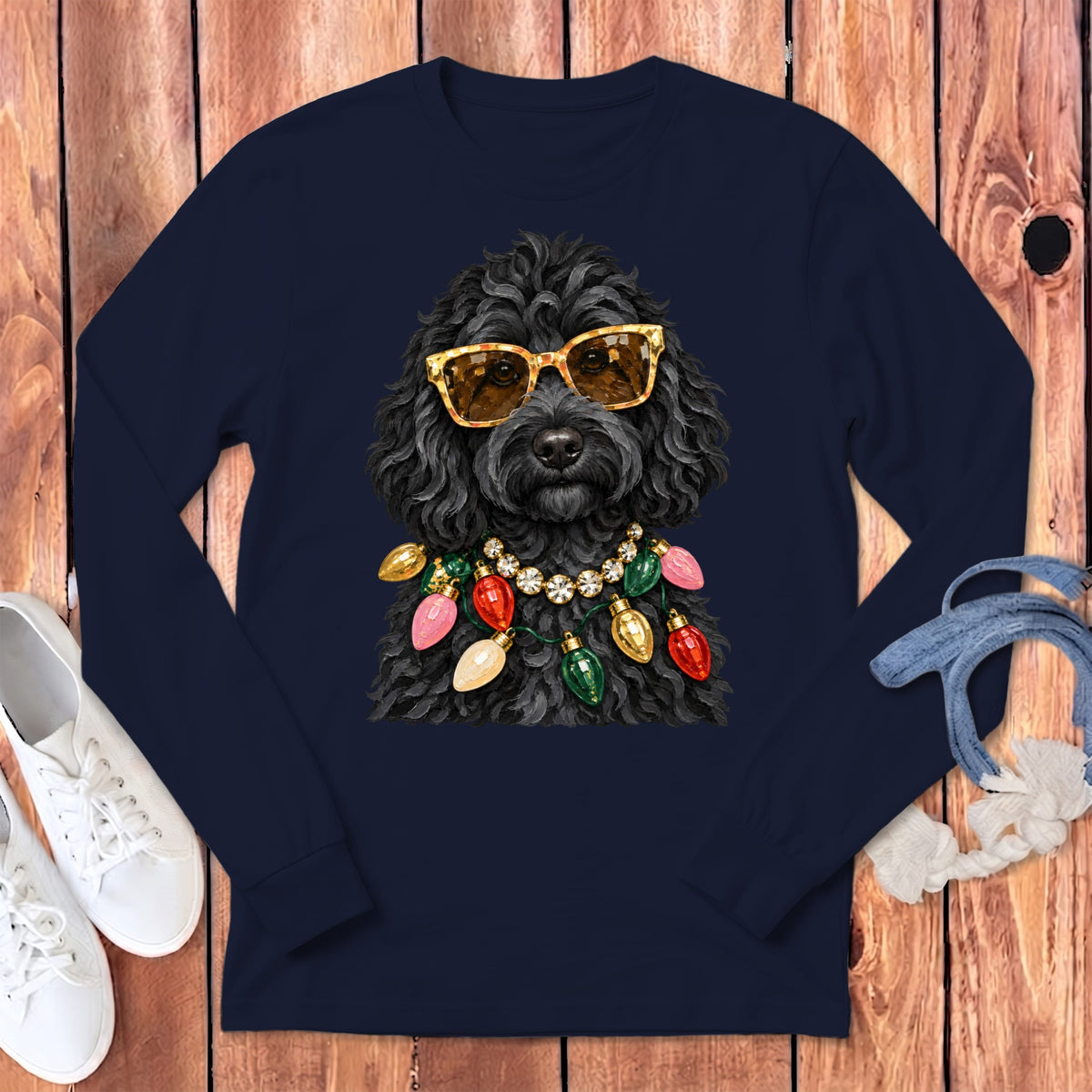Black Goldendoodle Christmas Glam Long Sleeve T-Shirt in Navy / S by Puppy Jo