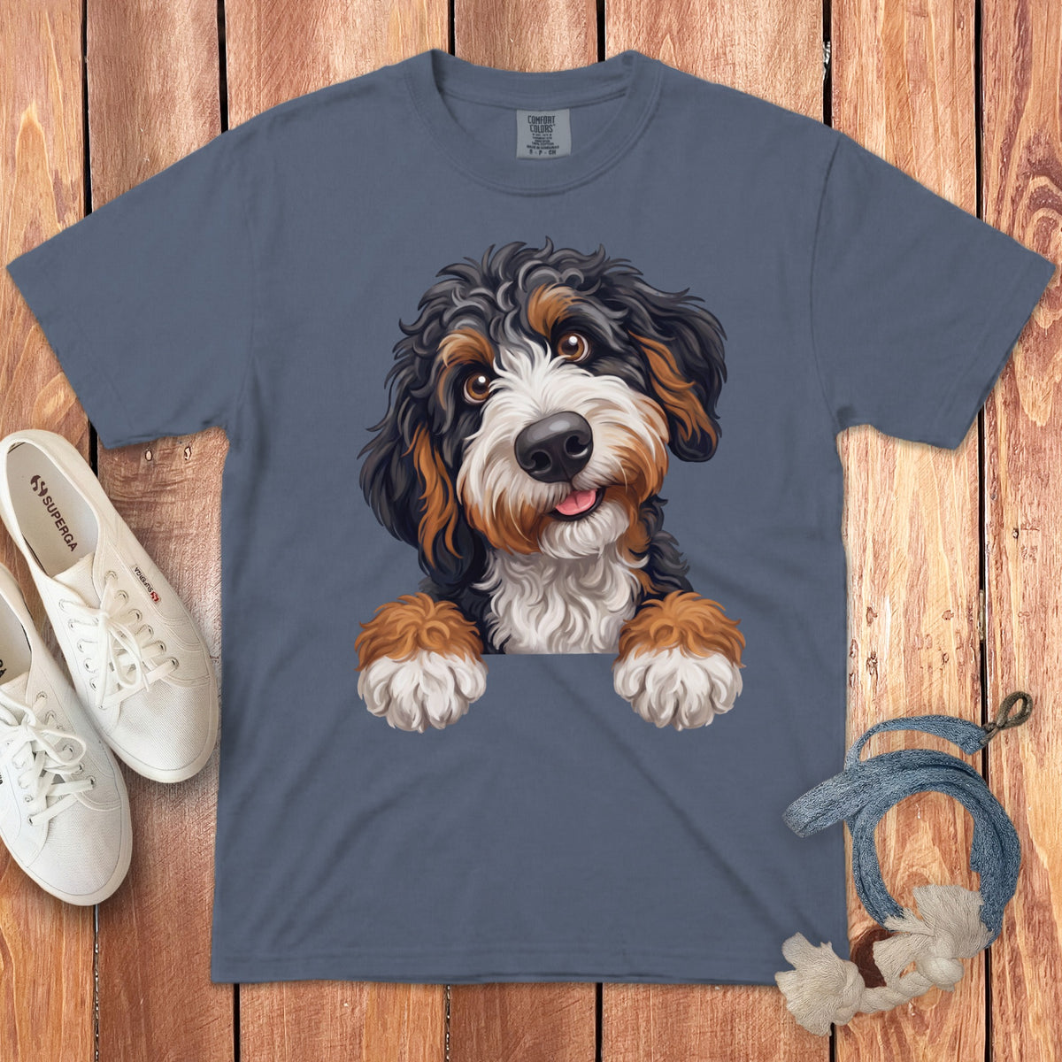 T-shirt with a Bernese Mountain Dog illustration, white sneakers, and rope.