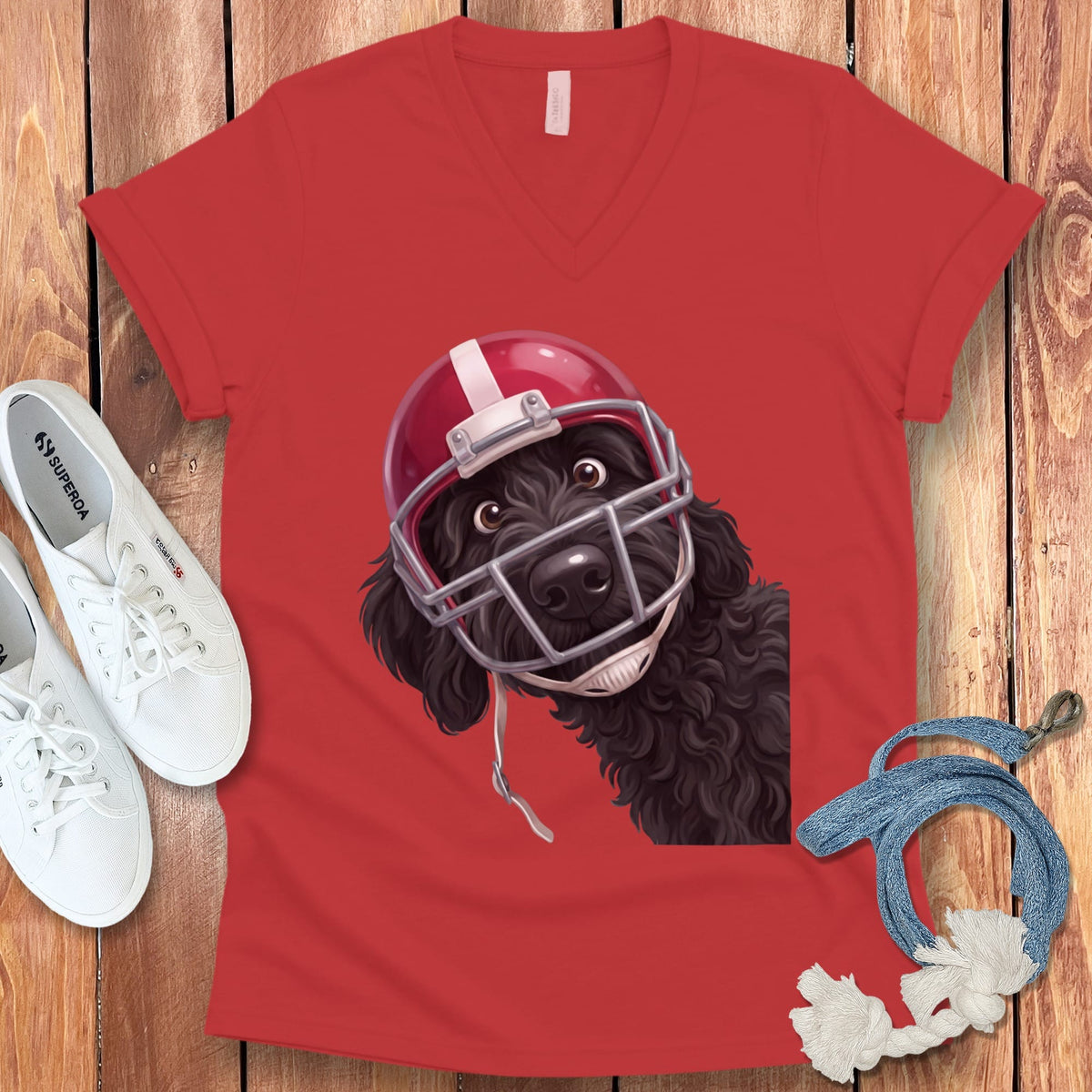 Black Goldendoodle Football Helmet V-Neck T-Shirt in Red / S by Puppy Jo