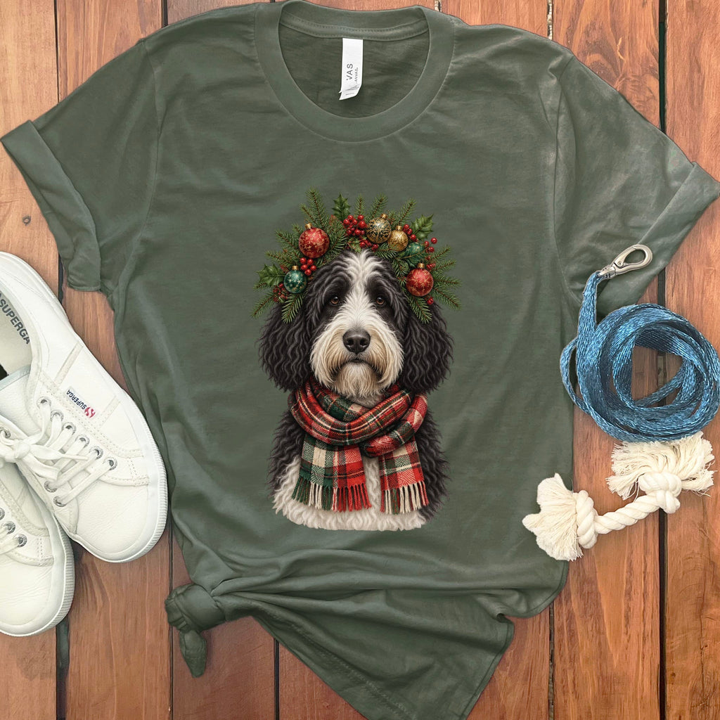 Sheepadoodle Holiday Crown T-Shirt in Military Green / S by Puppy Jo