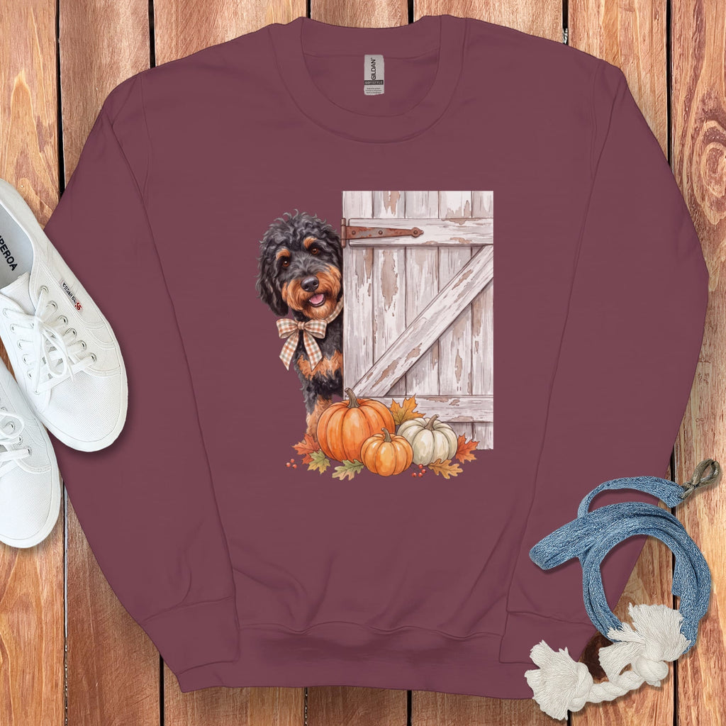 Phantom Goldendoodle Barn Peeking Sweatshirt in Maroon / S by Puppy Jo