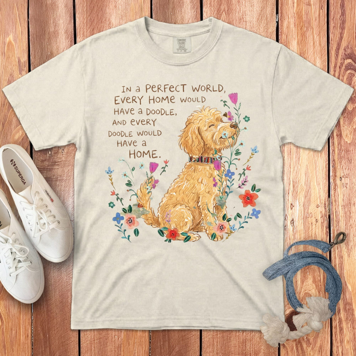 Perfect World Golden Goldendoodle Signature T-Shirt in Ivory / S by Puppy Jo