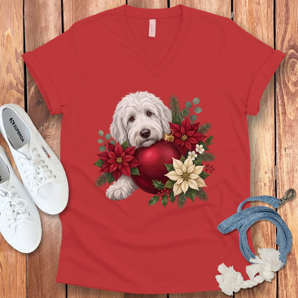 Maltipoo Holiday Cheer V-Neck T-Shirt in Red / S by Puppy Jo