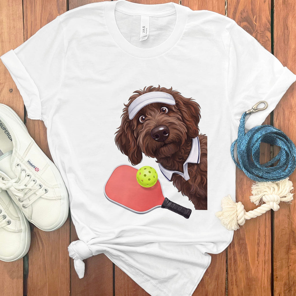 Chocolate Goldendoodle Pickleball Player T-Shirt in White / S by Puppy Jo