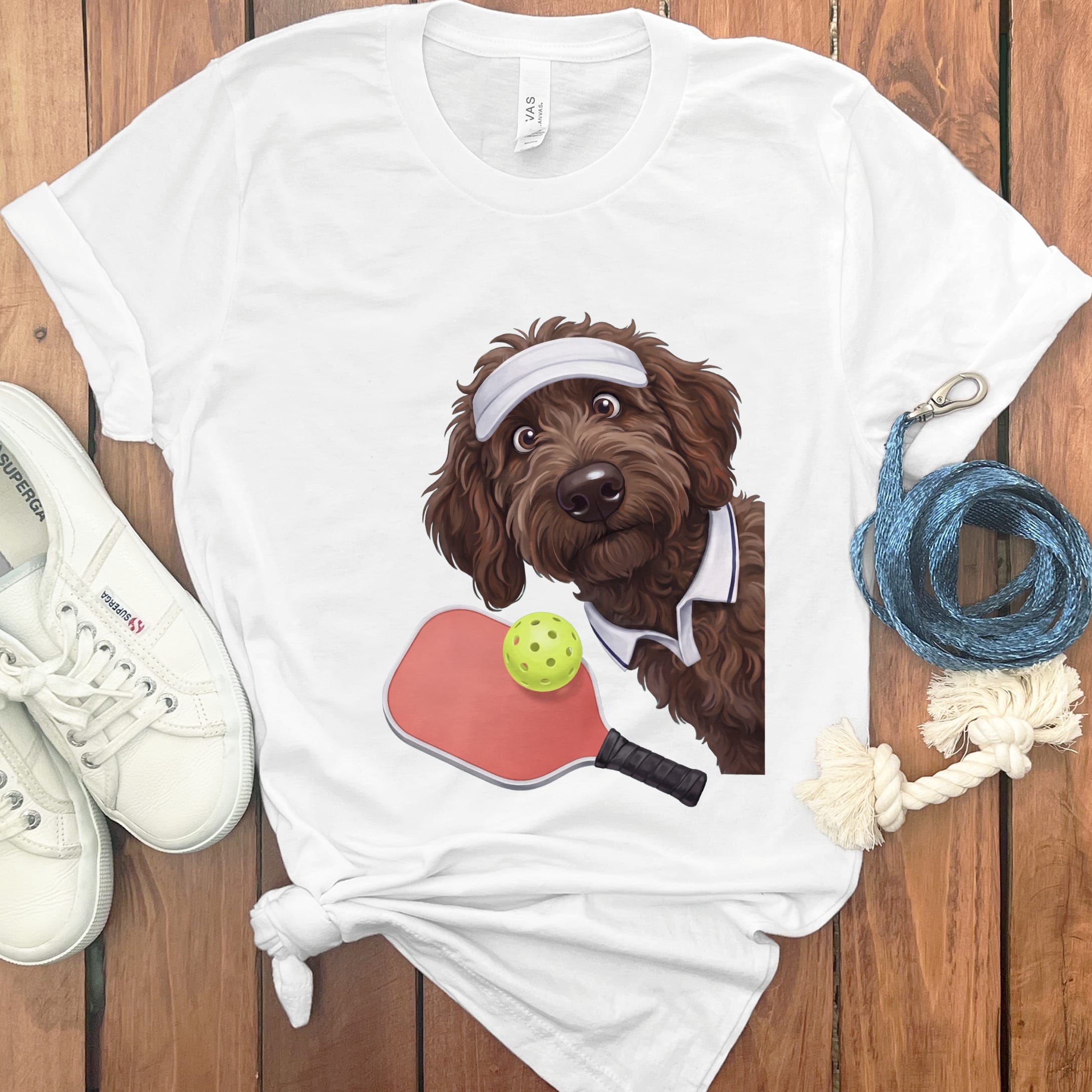 Chocolate Goldendoodle Pickleball Player T-Shirt in White / S by Puppy Jo