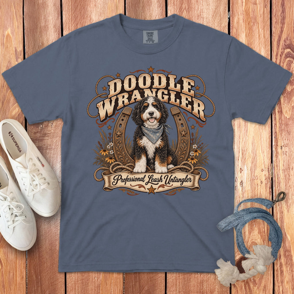 Bernese Mountain Dog wearing bandana, "Doodle Wrangler Professional Leash Untangler" text.