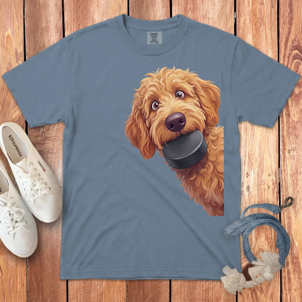 Apricot Goldendoodle Hockey Puck Signature T-Shirt in Blue Jean / S by Puppy Jo