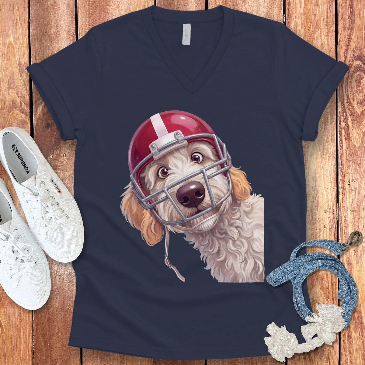Maltipoo Football Helmet V-Neck T-Shirt in Navy / S by Puppy Jo
