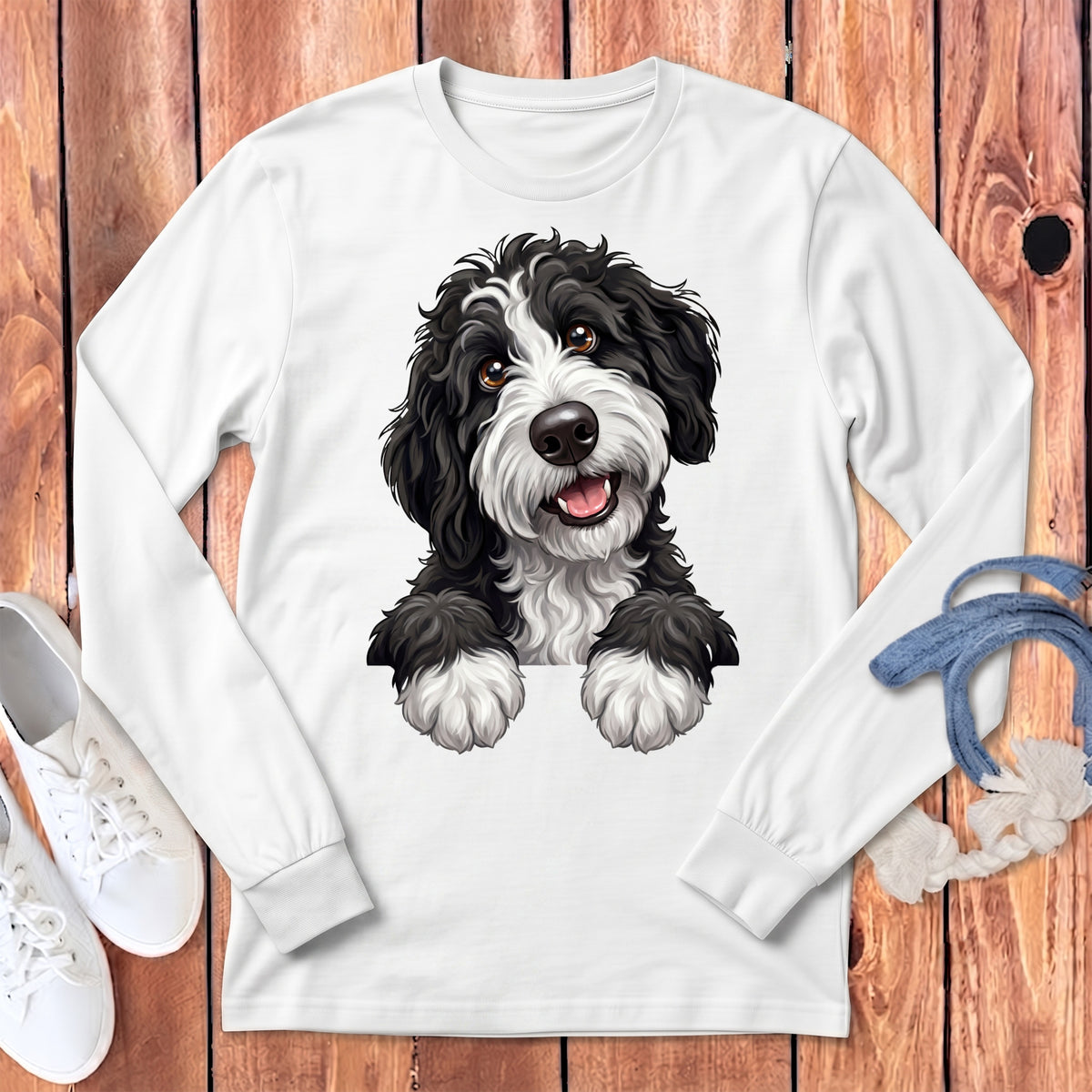White long sleeve shirt with a black and white dog graphic.