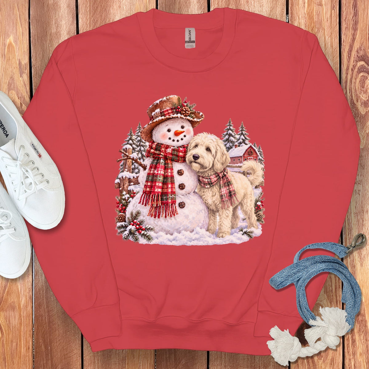 Cream Goldendoodle Christmas Snowman Sweatshirt in Red / S by Puppy Jo