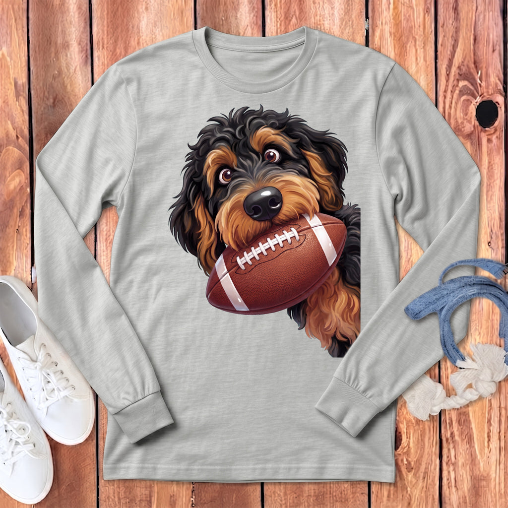 Long sleeve gray t-shirt with a doodle dog holding a football.