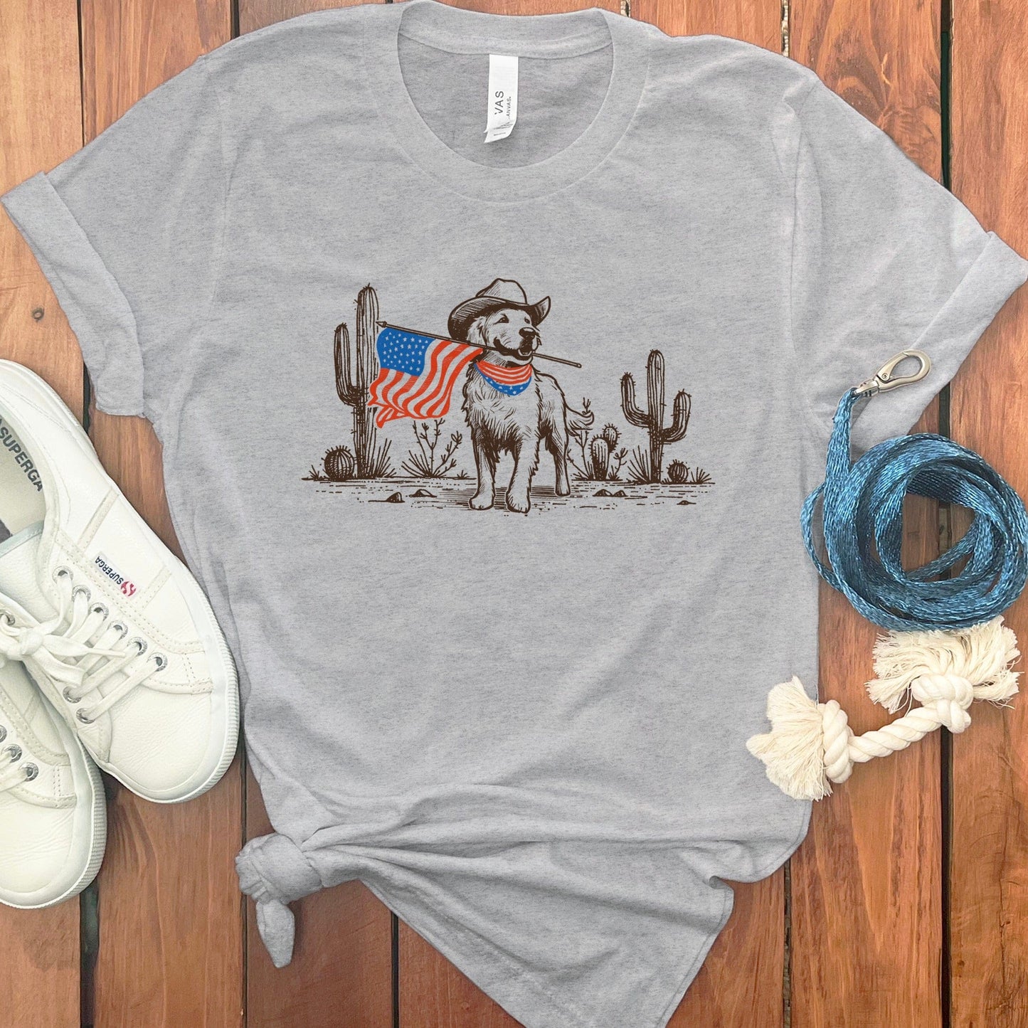 Patriotic Cowboy Dog with American Flag Graphic T-Shirt product type