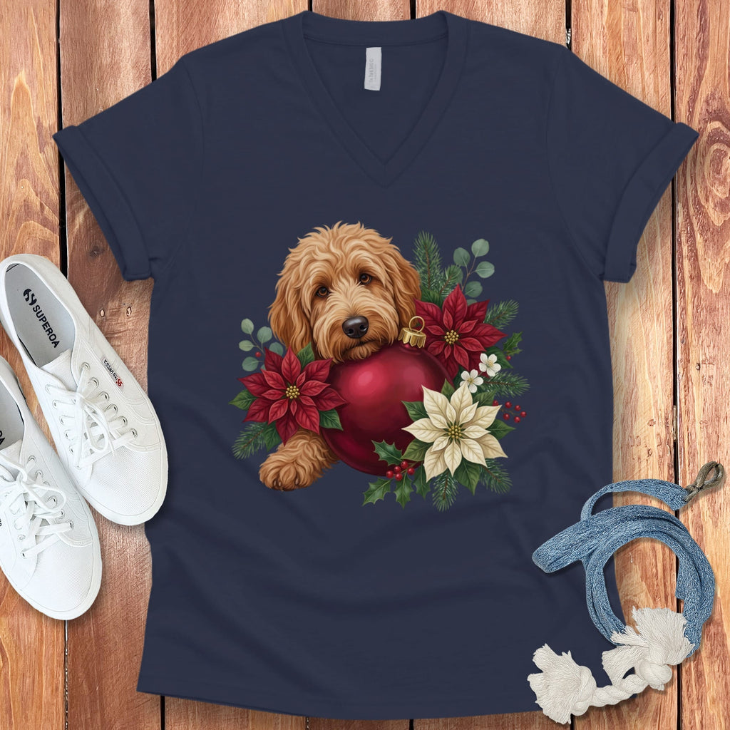Apricot Goldendoodle Holiday Cheer V-Neck T-Shirt in Navy / S by Puppy Jo