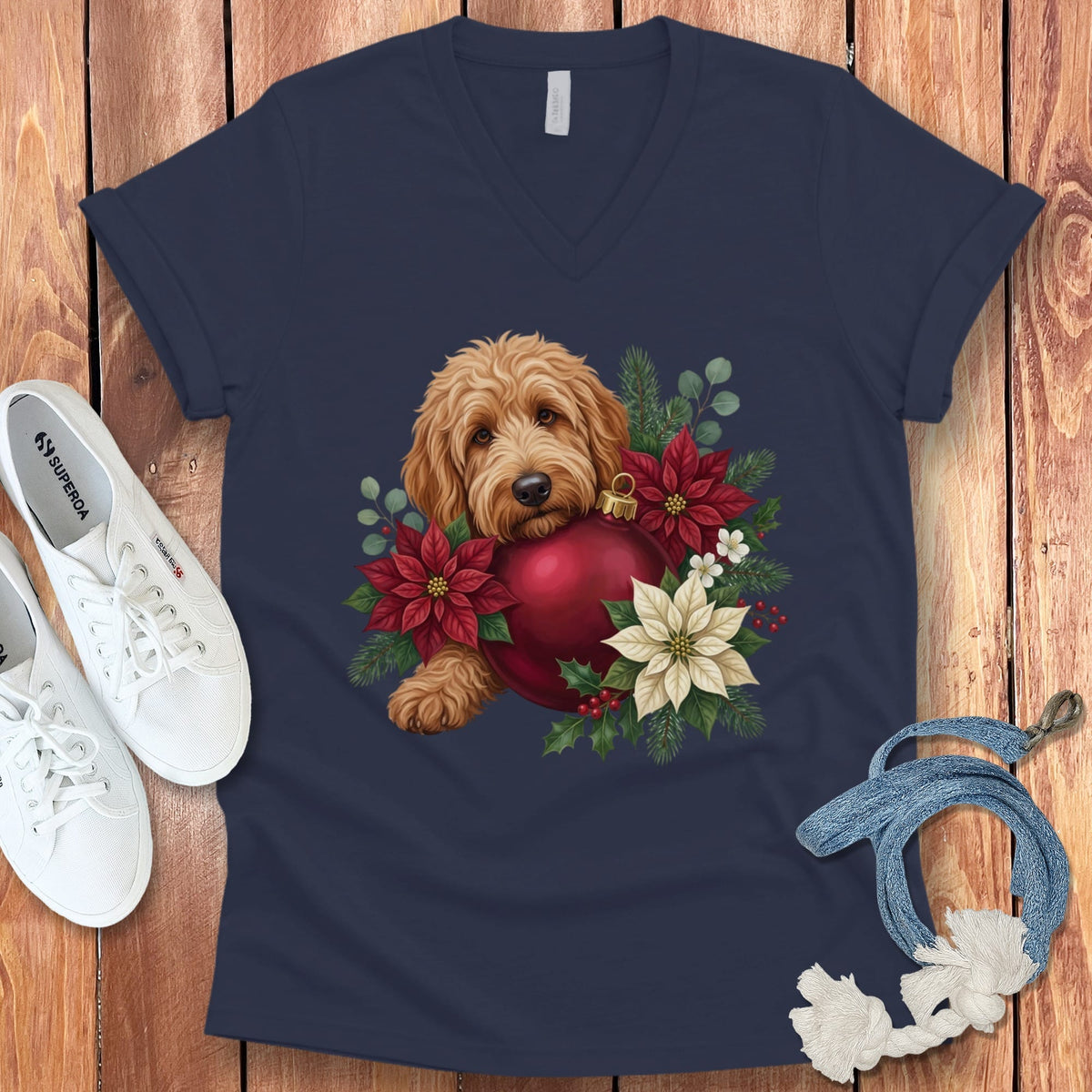 Apricot Goldendoodle Holiday Cheer V-Neck T-Shirt in Navy / S by Puppy Jo