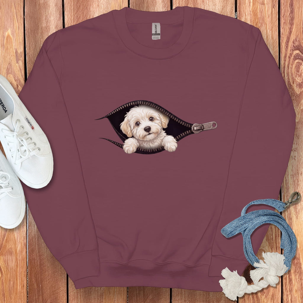 Maltipoo Peeking Zipper Sweatshirt in Maroon / S by Puppy Jo